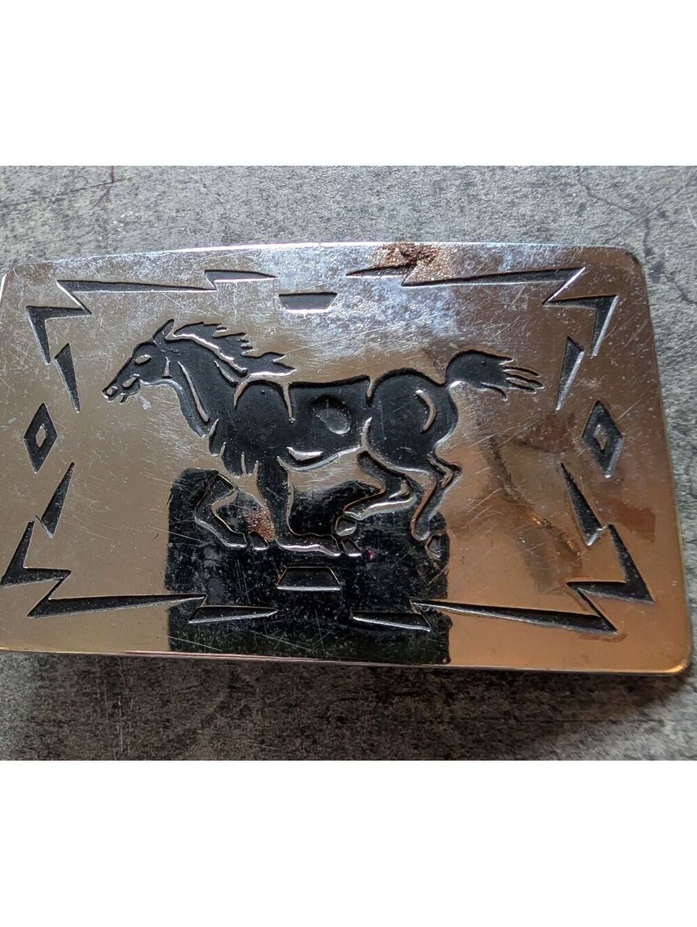 Vintage 1970s Chambers Belt Co. Silver Tone Black Enamel Mustang Belt Buckle